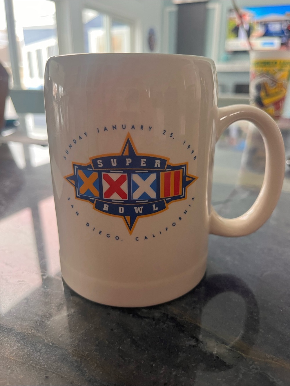 white ceramic Super Bowl XXXII commemorative mug from 1998.